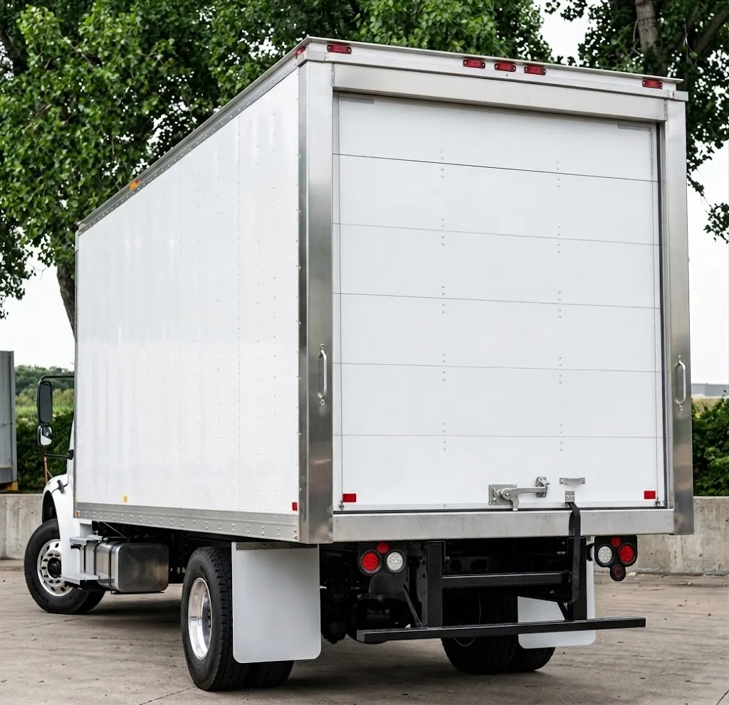 Puerta enrollable insulada 2 pulgadas Streamline McLaren Doors en trailer refrigerado — vista trasera
