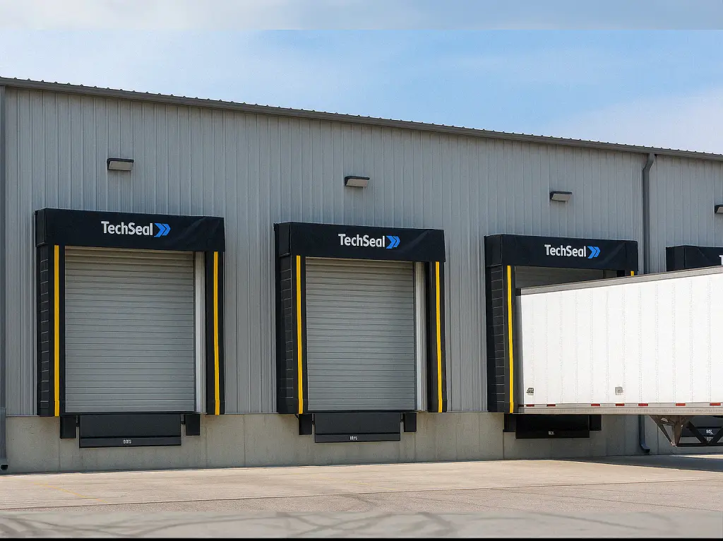 Sello de andén cabezal cortina instalado en puerta industrial